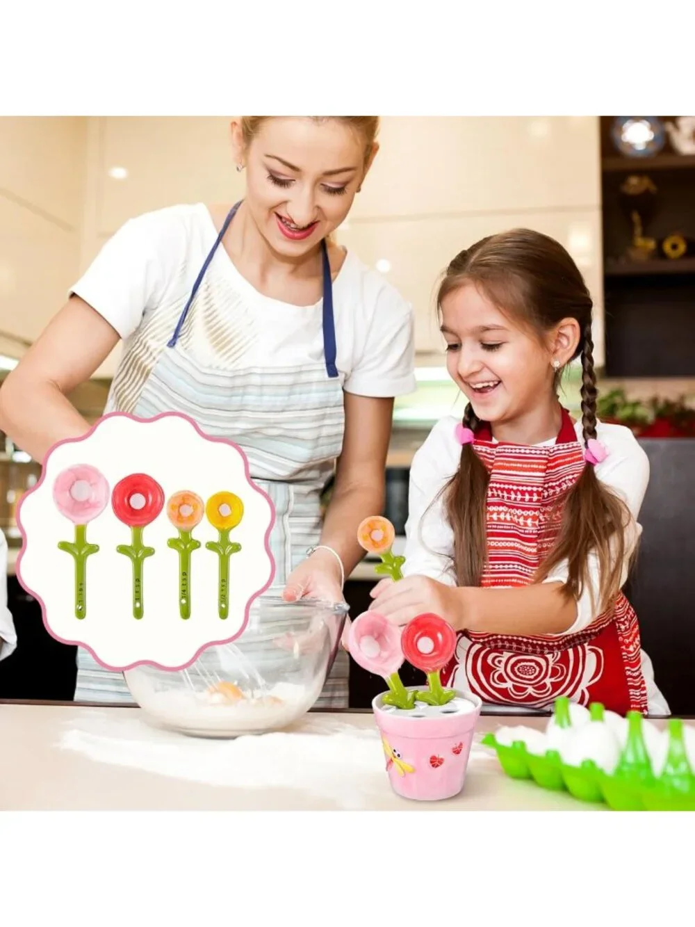 Cute Flower Measuring Spoons Set with Holder - Ceramic Baking Tools for Dry